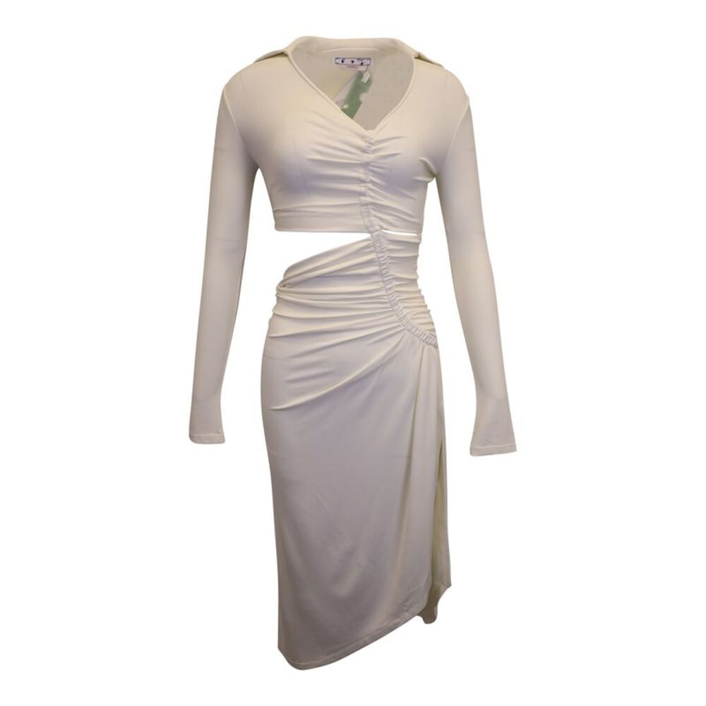 Off-White Asymmetric Cutout Ruched Stretch Dress in Cream Viscose